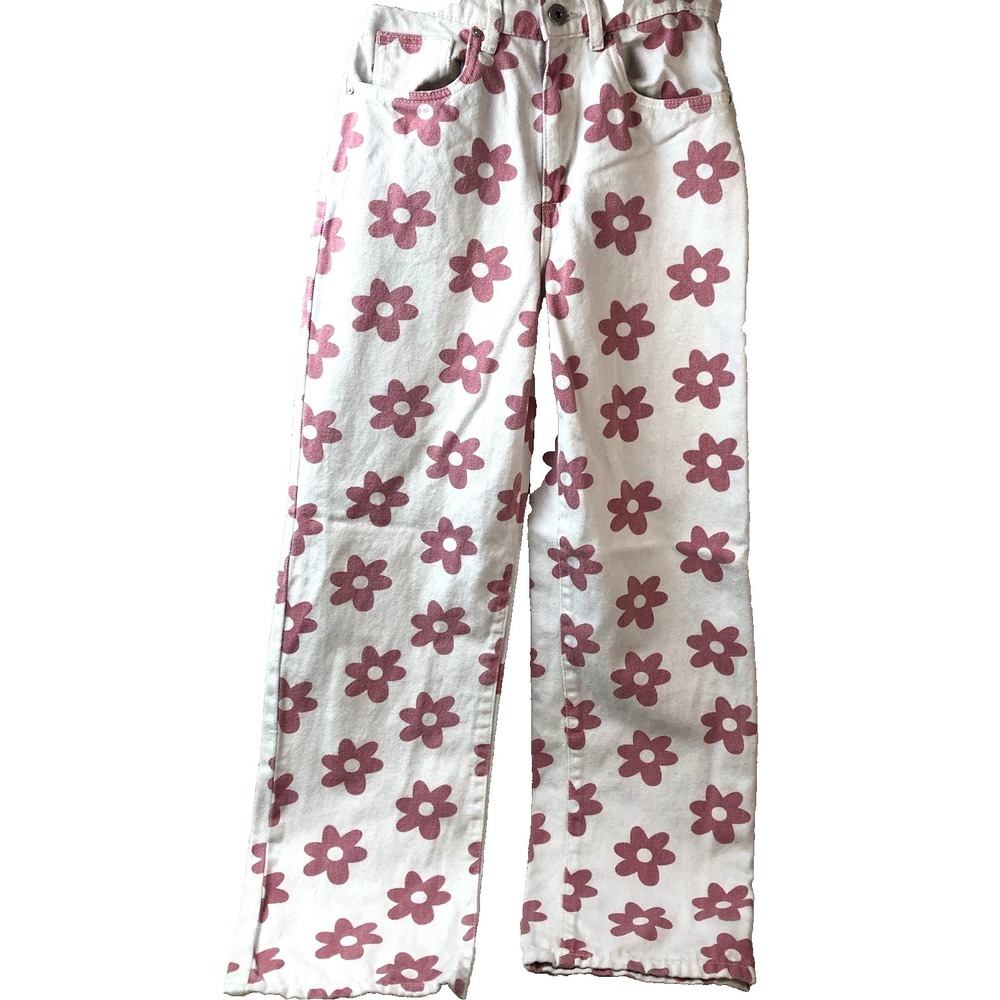 Cotton On jeans women's 2 white denim pink flowers all over print peace 60s look
